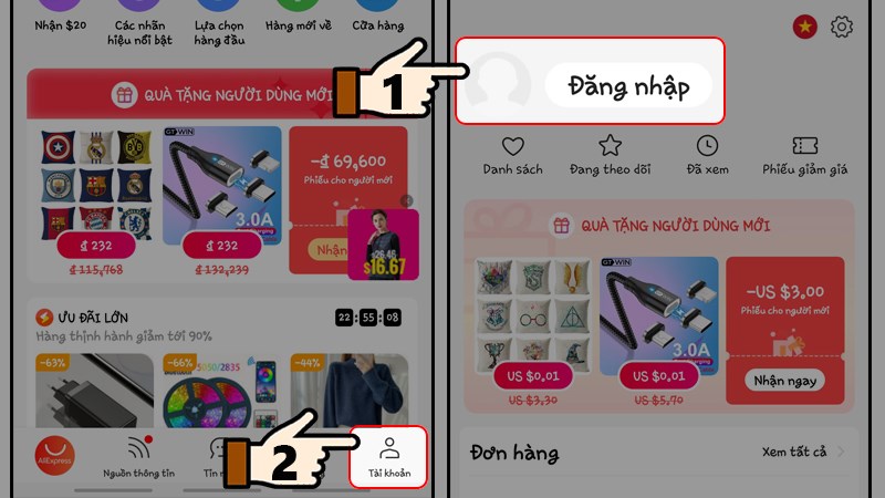 Nhấn chọn Tài khoản > Chọn Đăng nhập