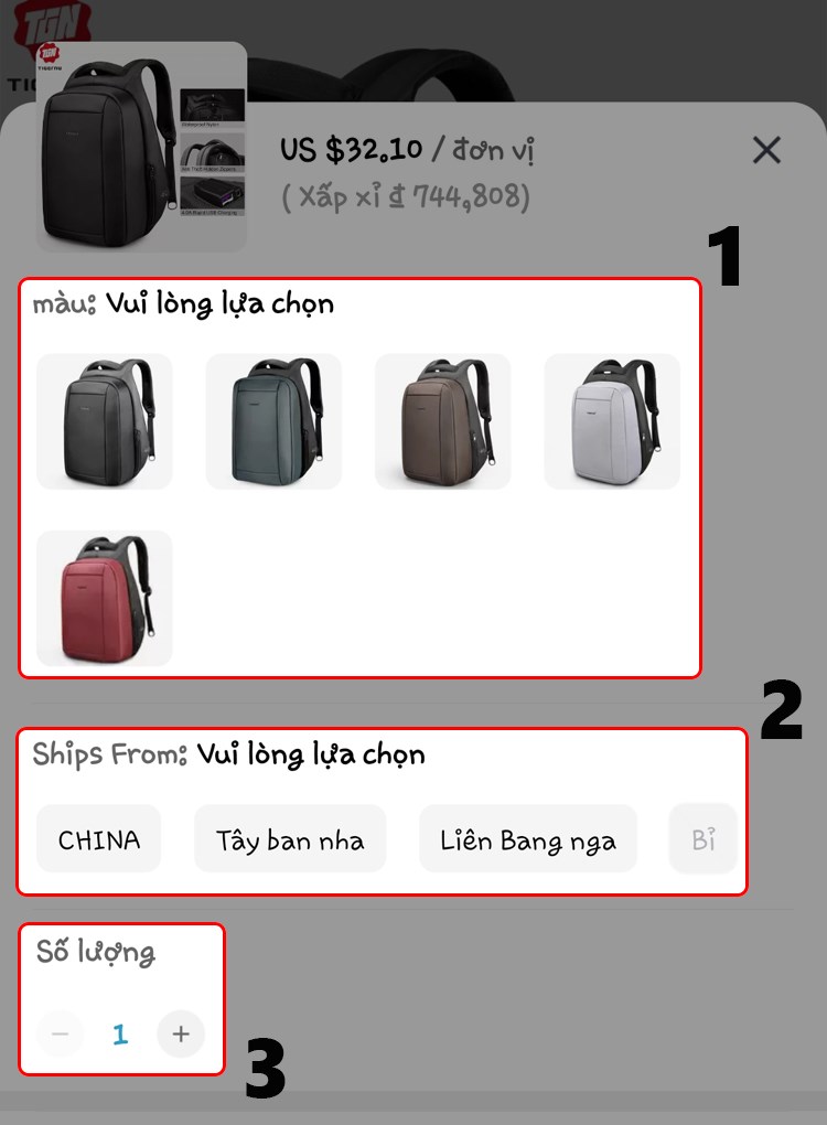 Lựa chọn màu sắc, kích cỡ, nước vận chuyển và số lượng