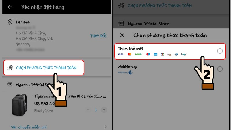 Chọn phương thức thanh toán > Chọn Thêm thẻ mới