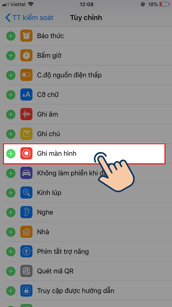 chọn v&agrave;o Ghi m&agrave;n h&igrave;nh để th&ecirc;m t&iacute;nh năng Ghi m&agrave;n h&igrave;nh v&agrave;o trung t&acirc;m kiểm so&aacute;t tr&ecirc;n iPhone.