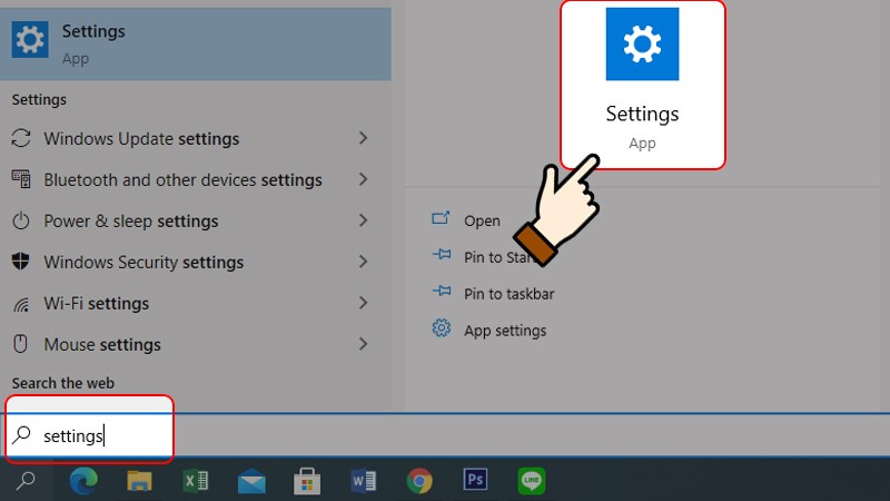 Nhấn chọn biểu tượng tìm kiếm > Gõ tìm “settings” > Nhấn chọn kết quả 