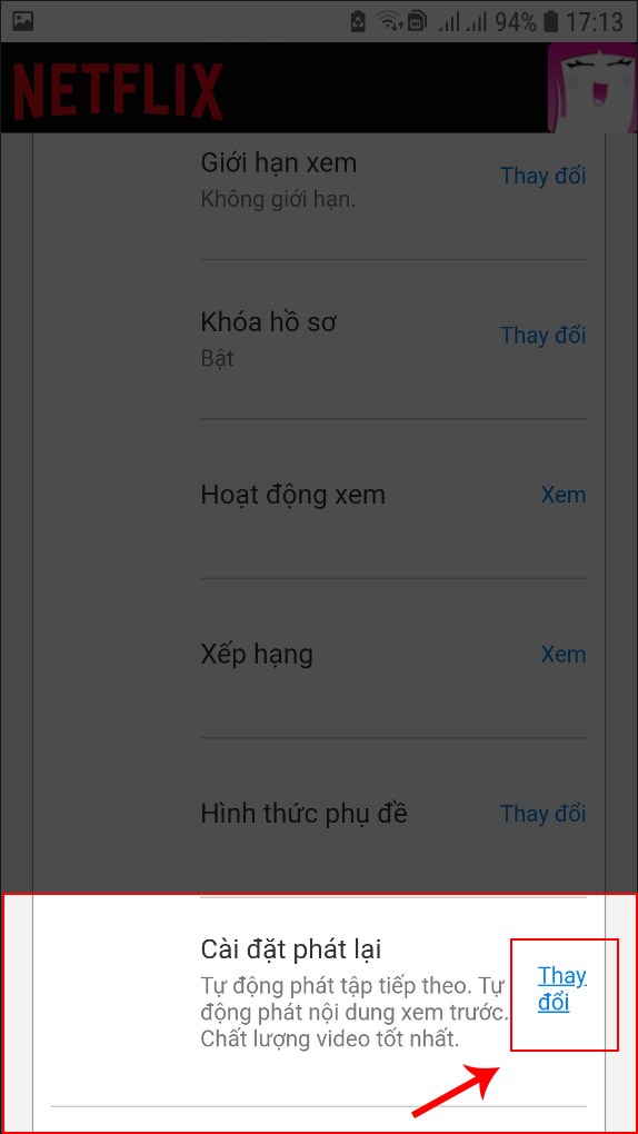 Chọn Thay đổi tại mục Cài đặt phát lại