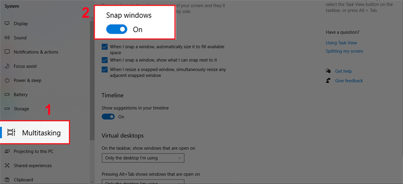 Bật tính năng chia màn hình trên Windows 10