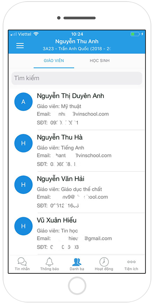 Tại mục Danh bạ sẽ hiển thị chi tiết danh sách các giáo viên