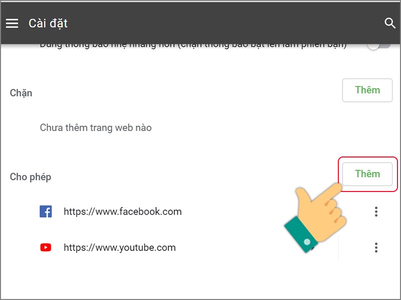 Nhấn v&agrave;o Th&ecirc;m để bật th&ocirc;ng b&aacute;o