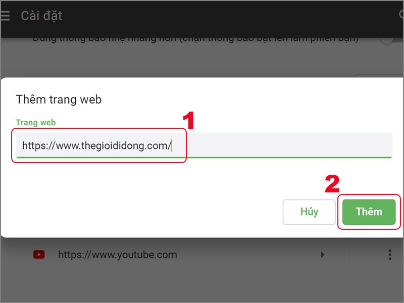Nhập địa chỉ web muốn bật th&ocirc;ng b&aacute;o