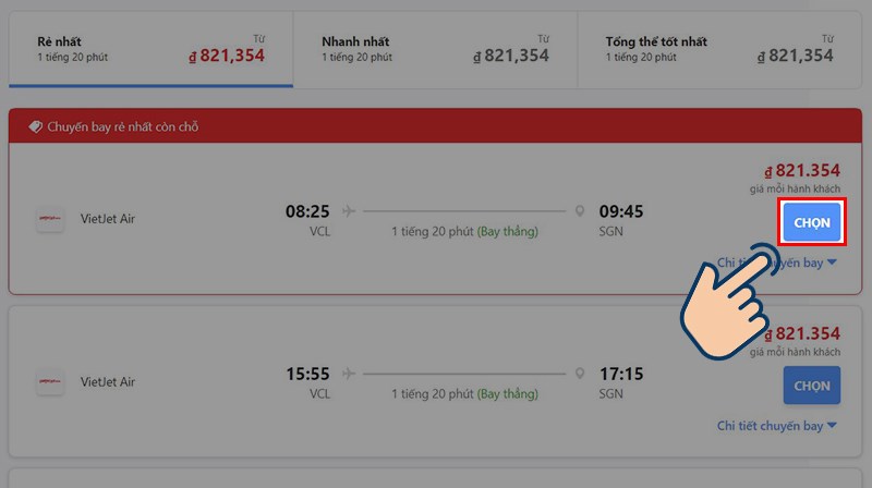 Nhấn Chọn vào chuyến bay phù hợp với bạn