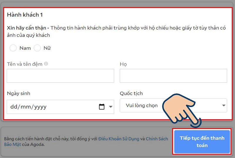 Nhập thông tin tại mục Hành khách 1 và nhấn Tiếp tục đến thanh toán