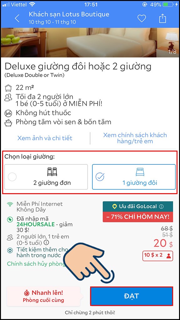 Chọn loại giường bạn muốn và nhấn Đặt