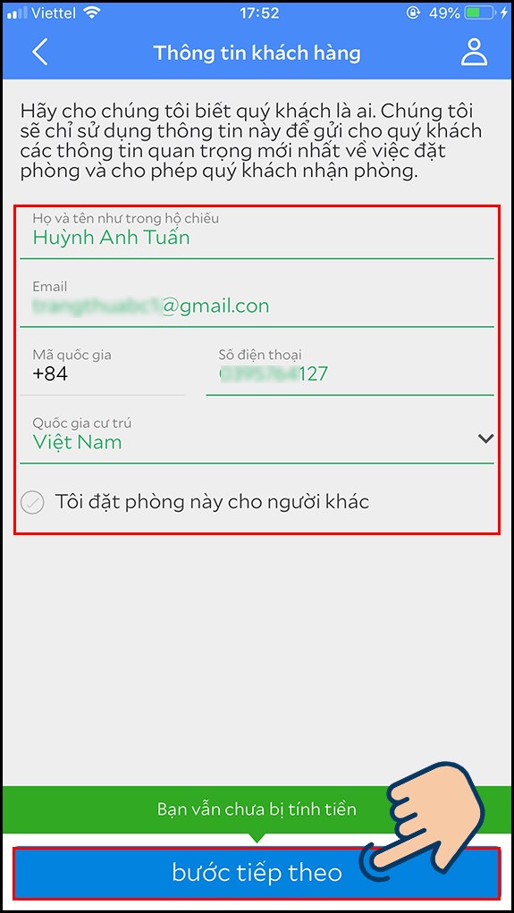 Nhập thông tin của bạn và nhấn bước tiếp theo
