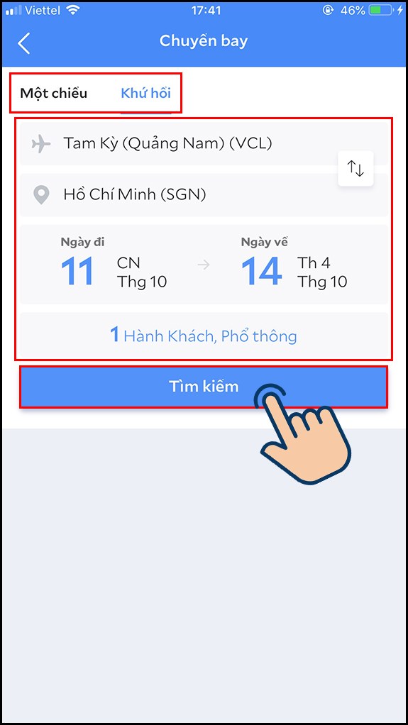 Sau đó nhập thông tin và nhấn Tìm kiếm về chuyến bay mà bạn muốn đi