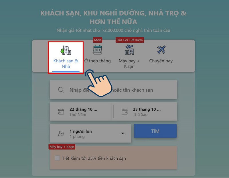 Đầu tiên bạn hãy vào trang web Agoda. Tại đây bạn hãy chọn Khách sạn & nhà