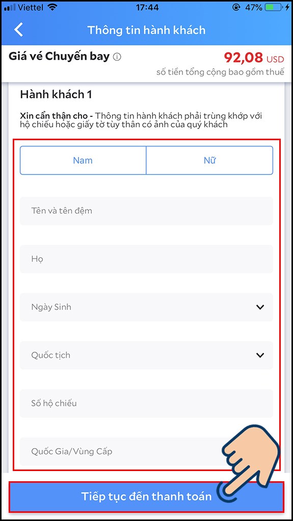 Nhập thông tin tại mục Hành khách 1 và nhấn Tiếp tục đến thanh toán