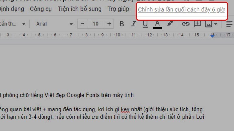 Tại file Word trên Google Docs, bạn nhấn "Chỉnh sửa lần cuối..." bên phải thanh công cụ.