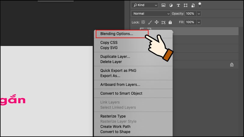 Chọn chuột phải v&agrave;o layer chữ > Chọn Blending Option