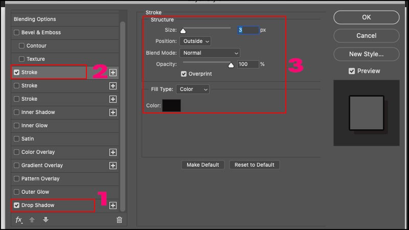 Chọn Blending Option > Chọn cả 2 Drop Shadow v&agrave; Stroke