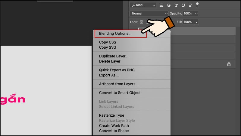 Chọn chuột phải v&agrave;o layer chữ > Chọn Blending Option