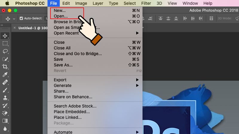 v&agrave;o file > Open để mở h&igrave;nh ảnh c&oacute; sẵn hoặc File > New để tạo mới