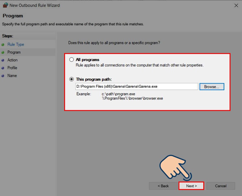 Chọn vào phần This program path: > Chọn vào Browse... và tìm đến nơi chứa tập tin thực thi EXE của phần mềm muốn chặn và nhấn Next
