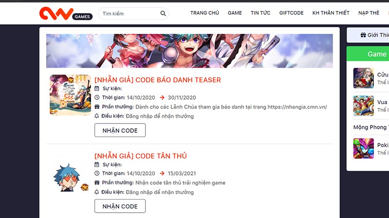 Bước 1: Bạn vào trang chủ Nhẫn giả mobile CMN để nhận giftcode.