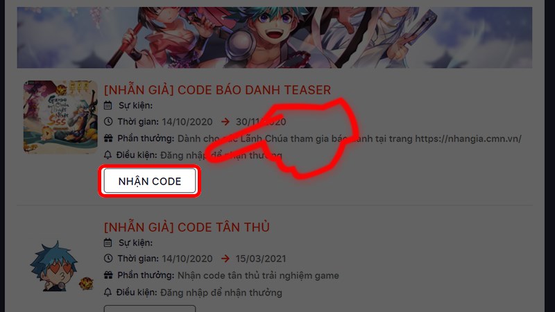 Bước 3: Chọn mã bạn muốn nhận nhấn Nhận code.