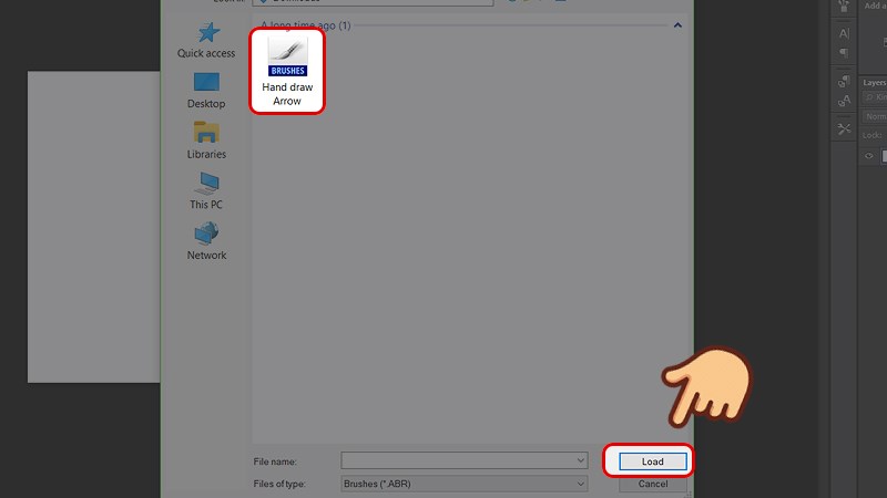 Chọn file Brush mũi tên mà bạn tải về và chọn Load