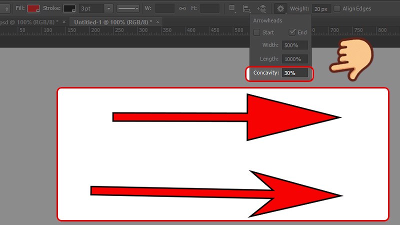 Để thay đổi độ cong của mũi tên, bạn điều chỉnh thông số Concavity