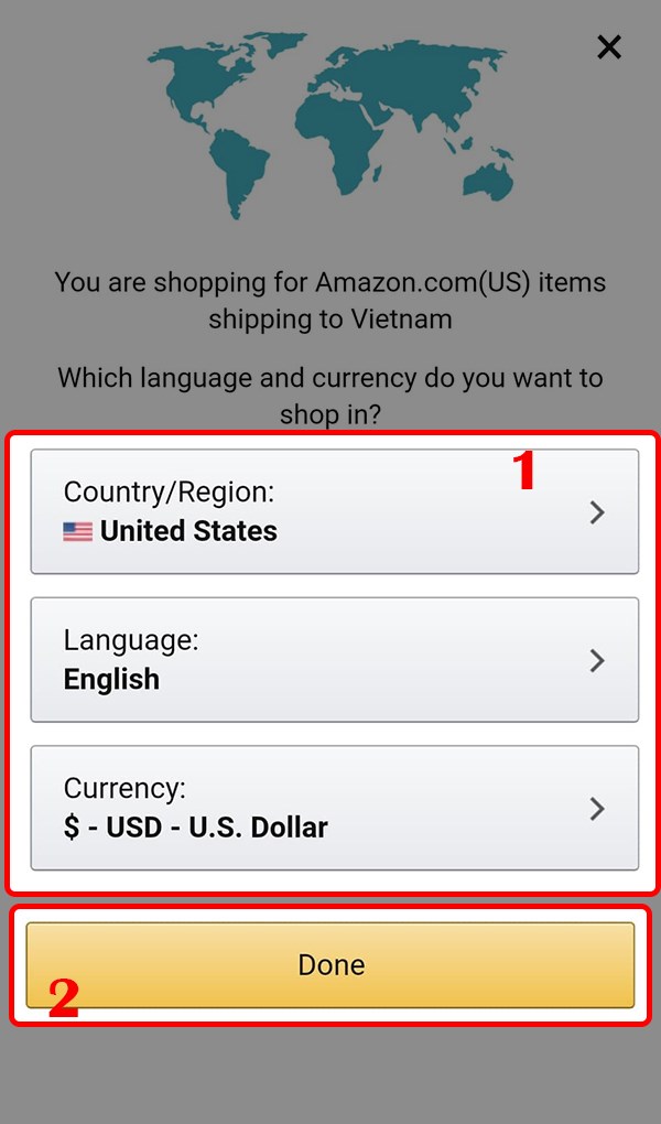 chọn Language (Ngôn ngữ), Currency (Đơn vị tiền tệ) và Country/Region
