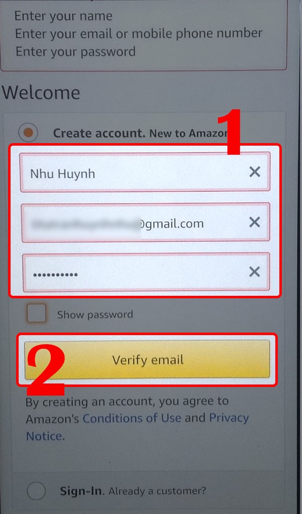 Điền địa chỉ email, họ tên và mật khẩu đăng nhập và nhấn Verify email.