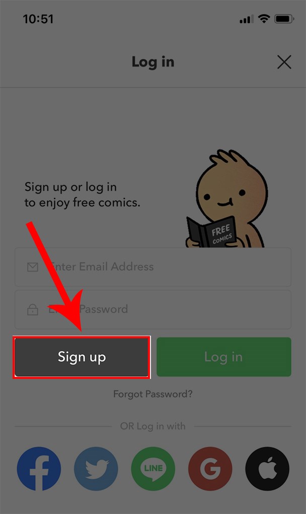 Mở ứng dụng Webtoon, chọn Sign up