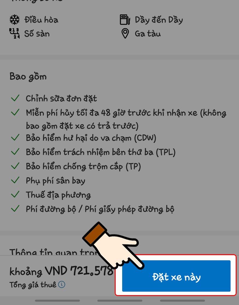 Nhấn chọn Đặt xe n&agrave;y