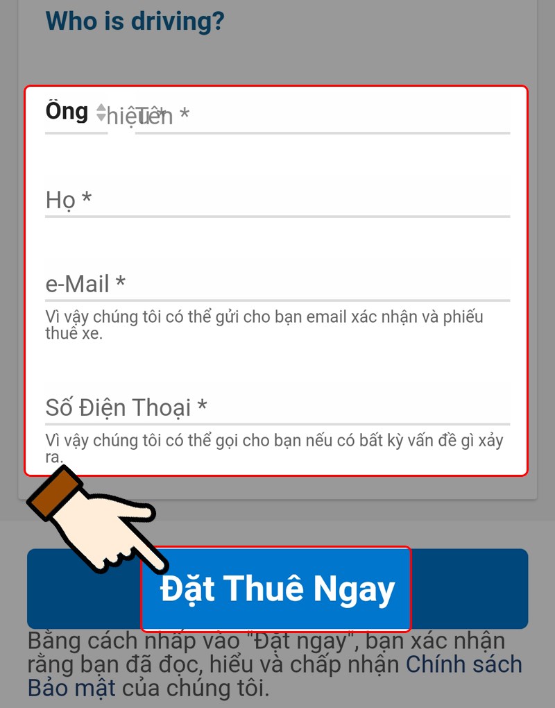 Nhập th&ocirc;ng tin người l&aacute;i > Nhấn chọn Đặt thu&ecirc; ngay