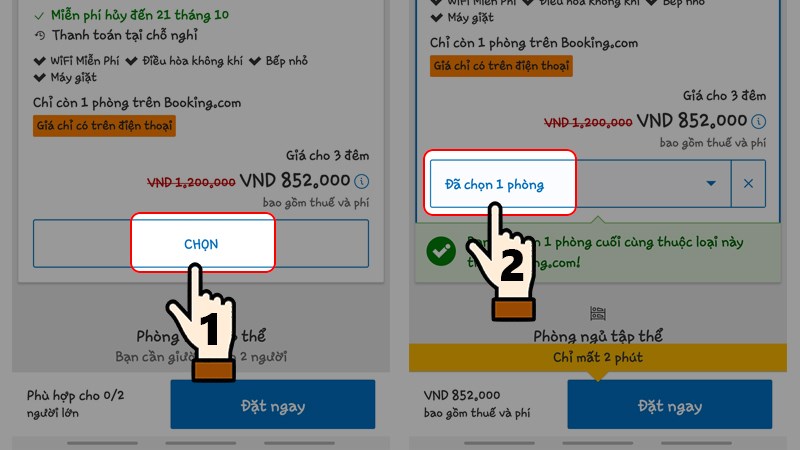 Nhấn Chọn > Chọn số lượng ph&ograve;ng/ hoặc số lượng giường