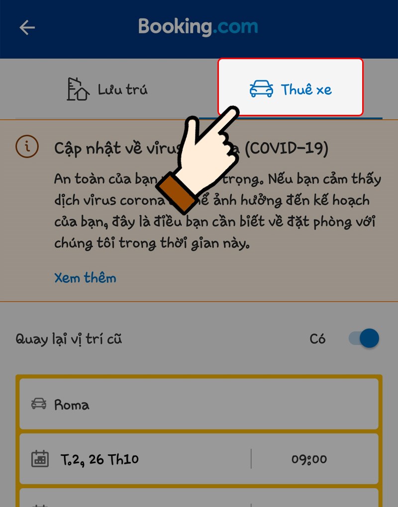 Nhấn chọn Thu&ecirc; xe tr&ecirc;n ứng dụng Booking.com