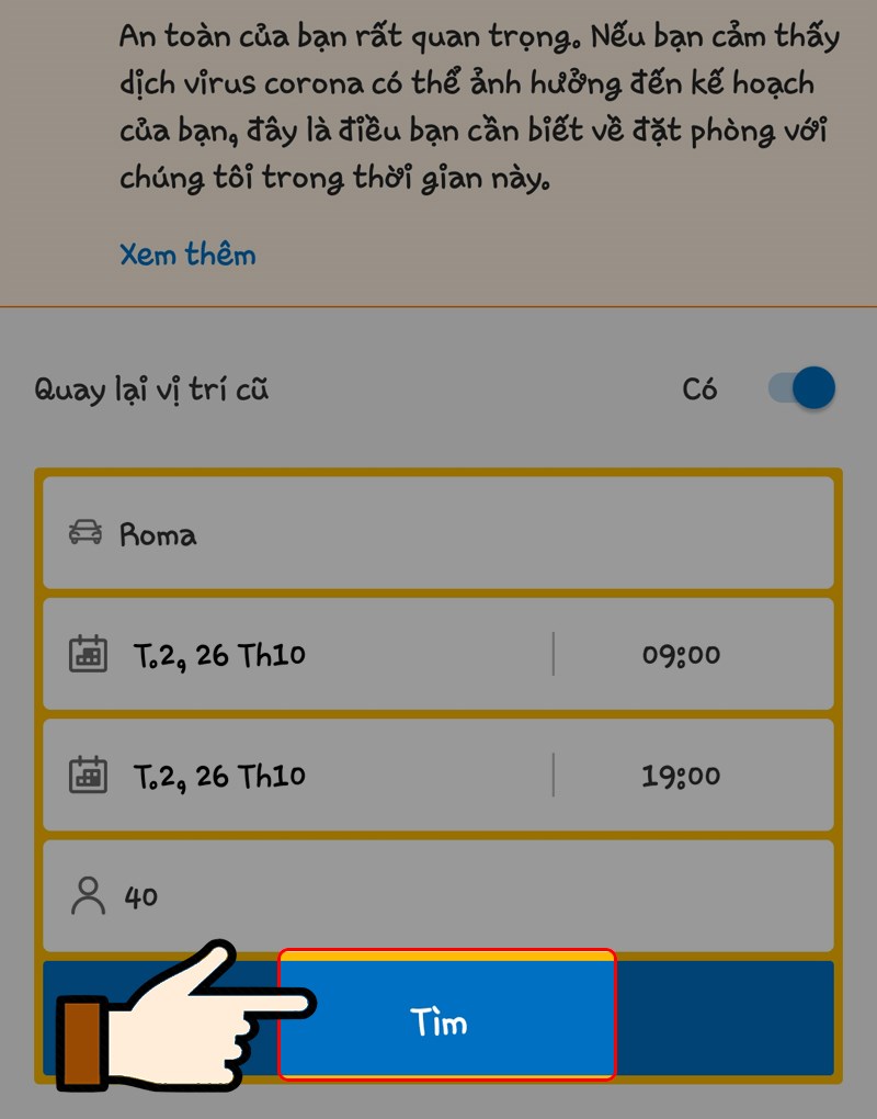 Điền c&aacute;c th&ocirc;ng tin di chuyển v&agrave; nhấn chọn T&igrave;m