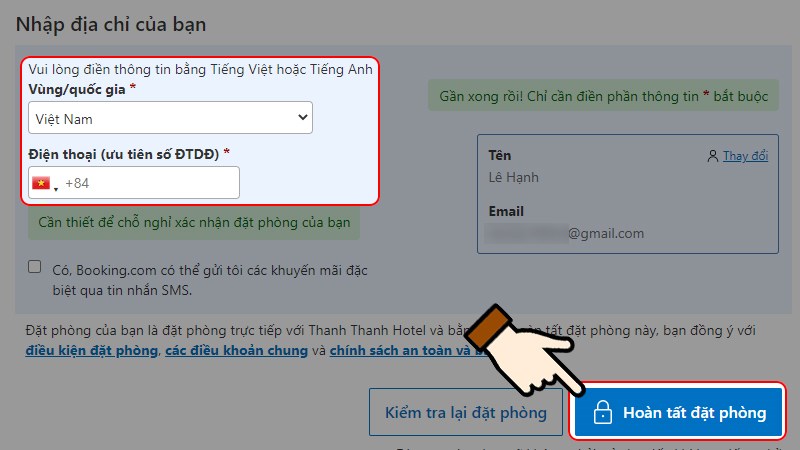 Nhập số điện thoại > Nhấn chọn Ho&agrave;n tất đặt ph&ograve;ng