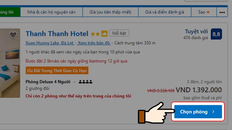 Nhấn Chọn ph&ograve;ng tại kh&aacute;ch sạn ph&ugrave; hợp với bạn
