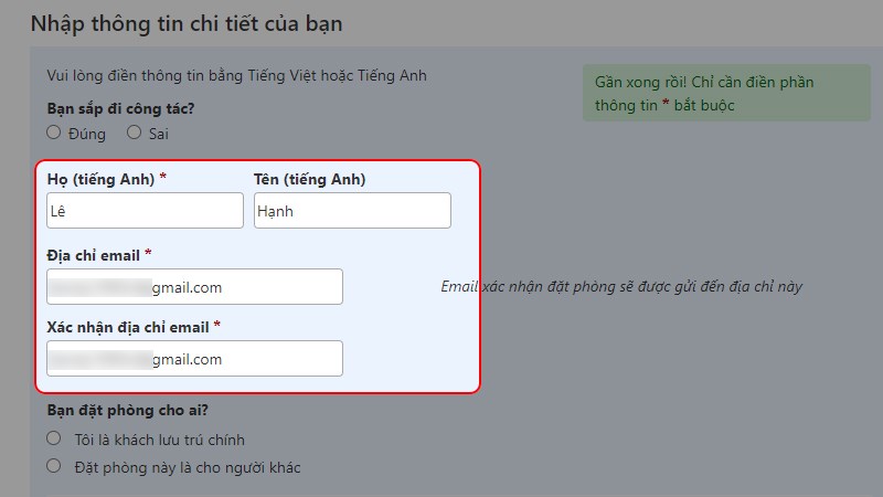 Điền c&aacute;c th&ocirc;ng tin kh&aacute;ch nhận ph&ograve;ng