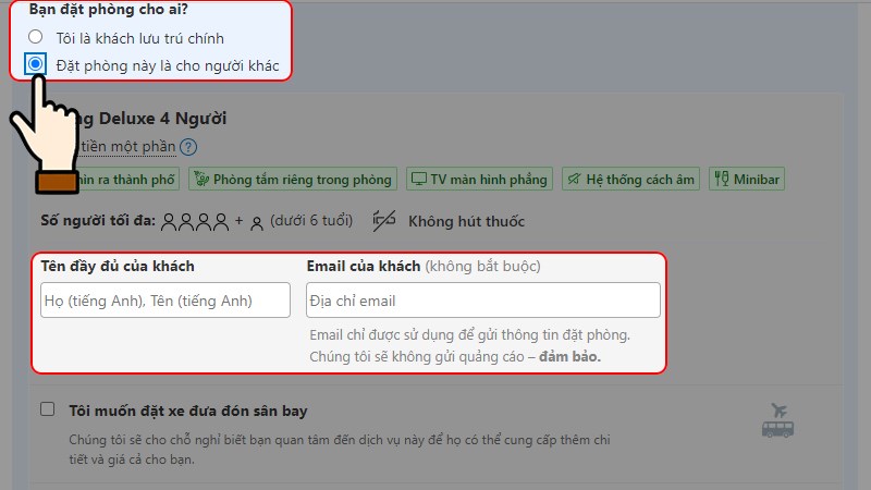 Nhấn chọn mục Đặt ph&ograve;ng n&agrave;y l&agrave; cho người kh&aacute;c