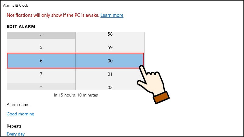 Chọn thời gian muốn báo thức, cài đặt các thông tin cần thiết