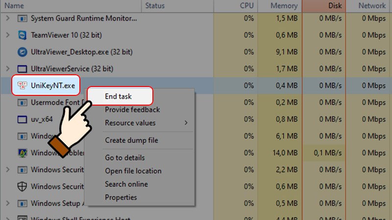 Nhấn chọn chuột phải vào file UnikeyNT.exe và chọn End Task