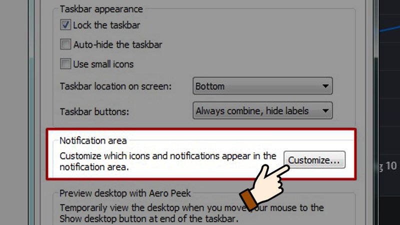 Nhấn chọn Customize ở mục Notification area