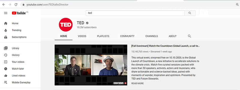 Truy cập v&agrave;o channel của Ted tr&ecirc;n YouTube