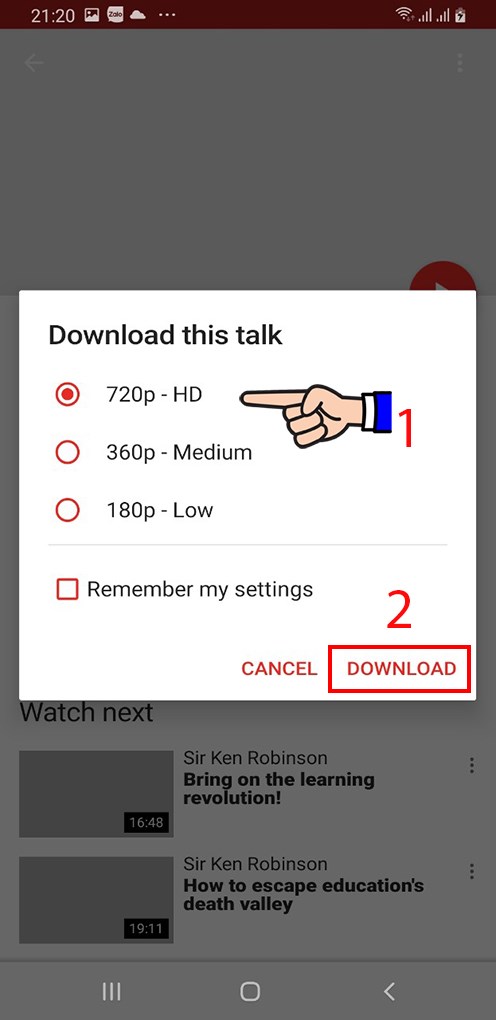Chọn chất lượng tải video v&agrave; nhấn Download để tải video Ted tr&ecirc;n điện thoại