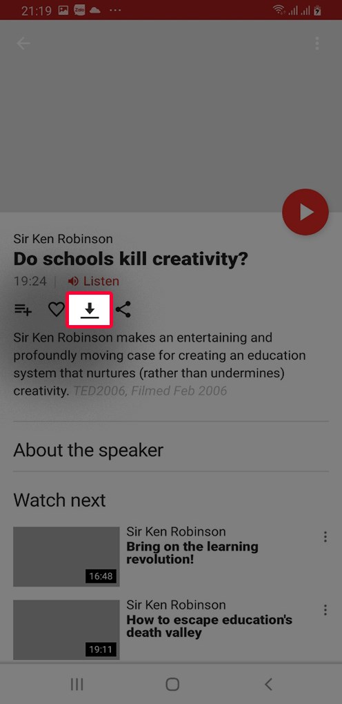 Nhấn biểu tượng tải b&ecirc;n dưới video Ted 