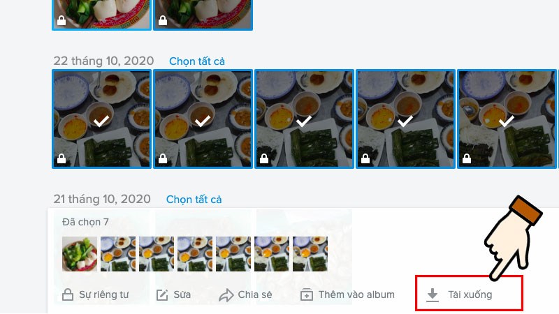 Nhấn chuột vào những ảnh bạn muốn tải > Chọn Tải xuống.
