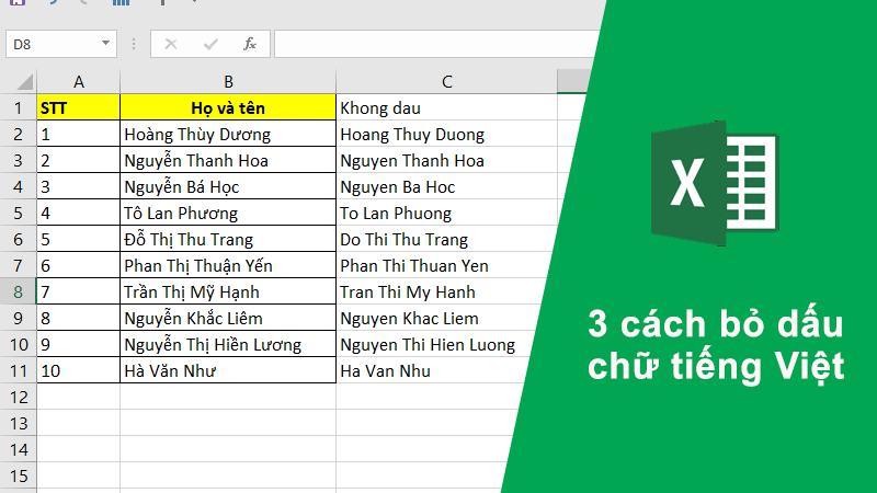 3 cách bỏ dấu chữ tiếng Việt trong Excel nhanh, đơn giản