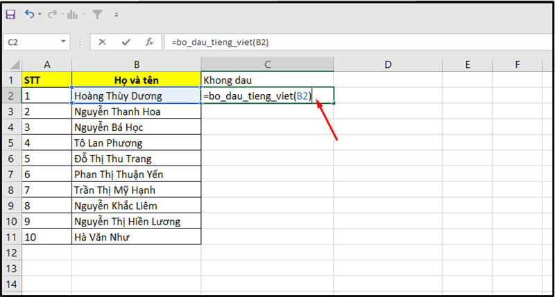 Sử dụng hàm bỏ dấu trong Excel
