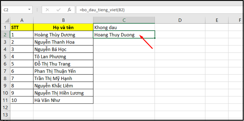 Sử dụng hàm bỏ dấu trong Excel