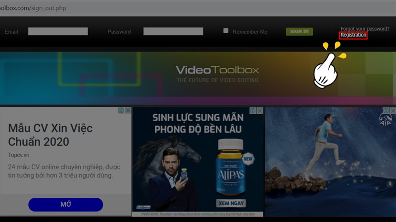 Đăng ký tài khoản mới trên videotoolbox